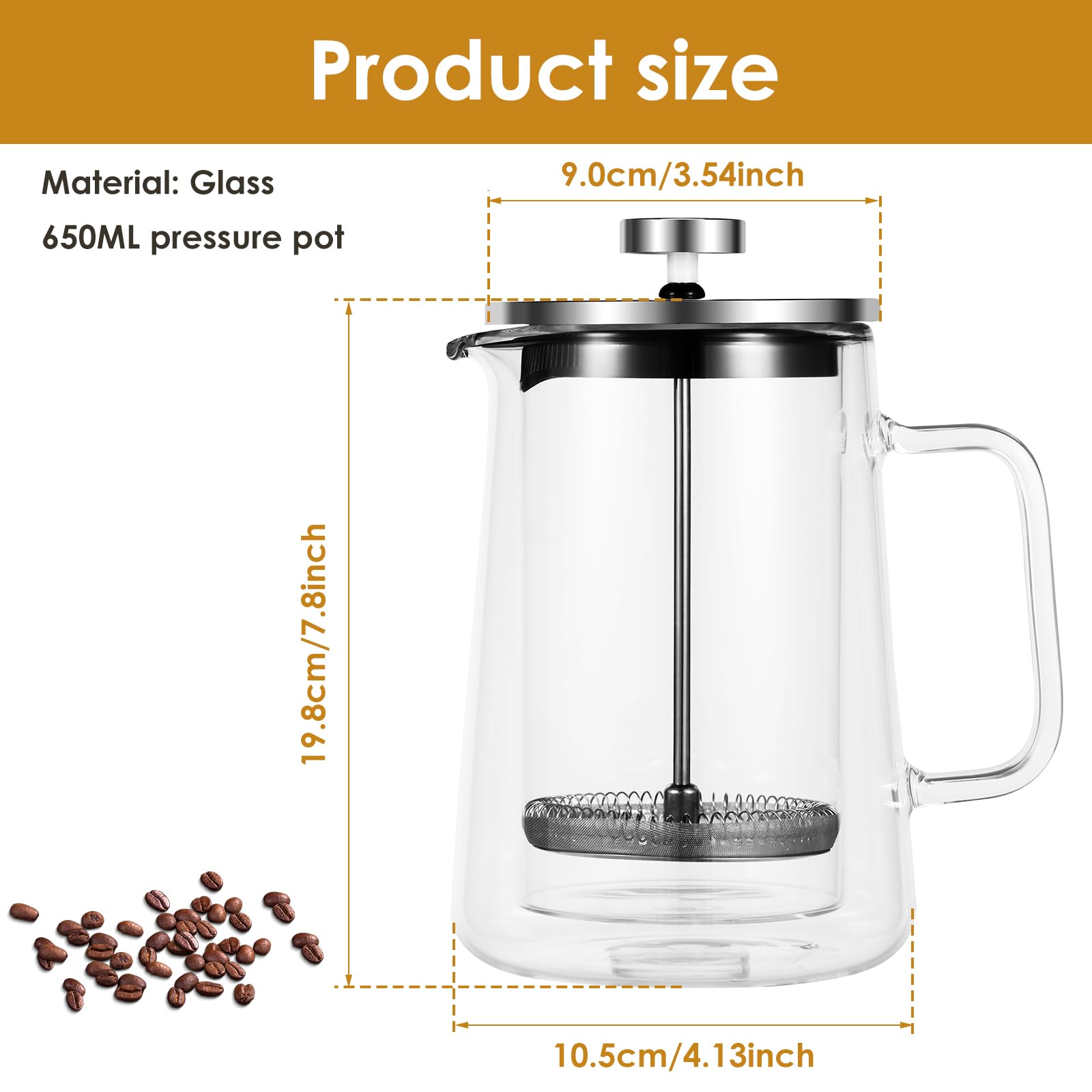 French Press Coffee Maker Double Wall Glass Cafetiere Make with Plunger Clear Filter Coffee Press French Press Tea Maker for Home Office(650ml)