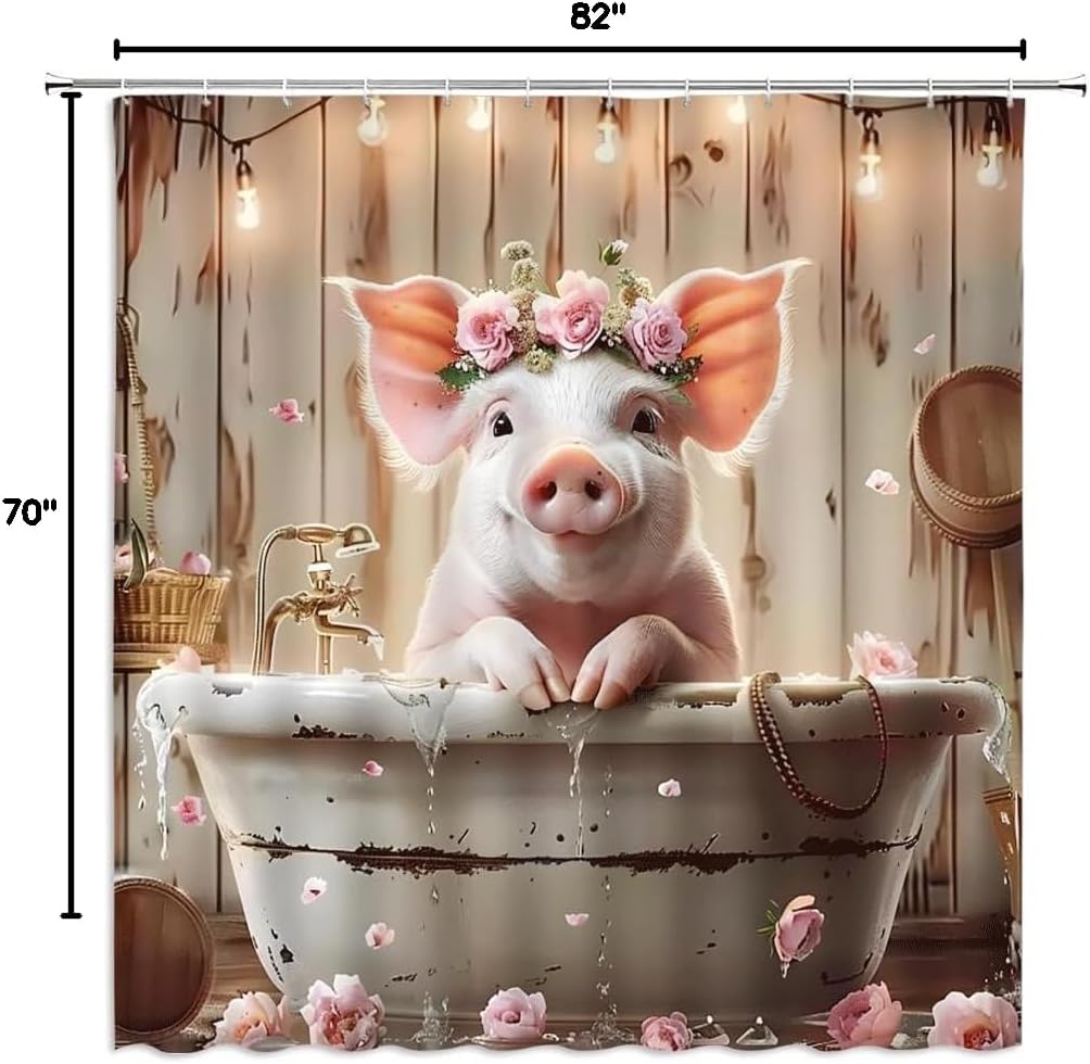Farmhouse Pig Shower Curtain Funny Farm Animal in Bathtub Rose Flower Rustic Wooden Board Fabric Bathroom Decor Curtains with Hooks,70 x 82