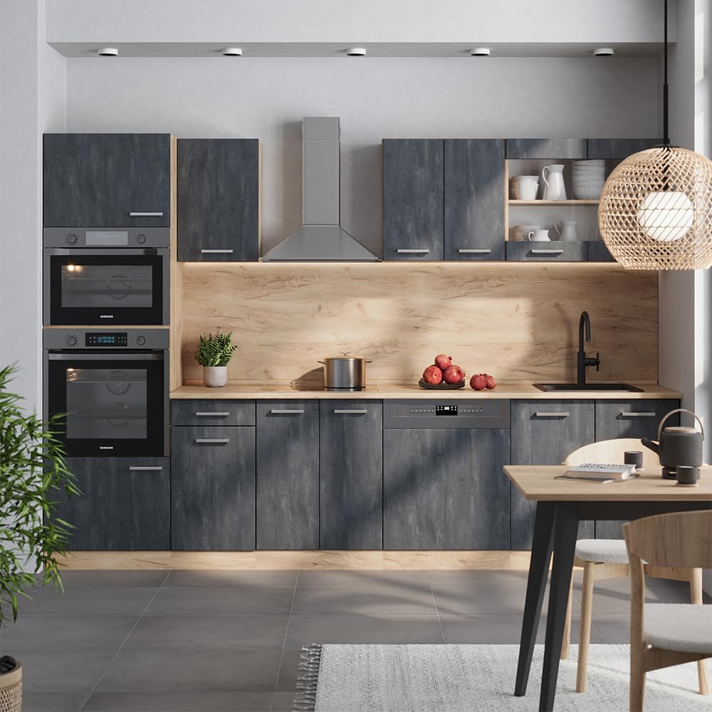 Cuisine équipée Vicco R-Line 300 Cm – Noir Brillant/Chêne Doré, Avec Plan De Travail, Modulaire