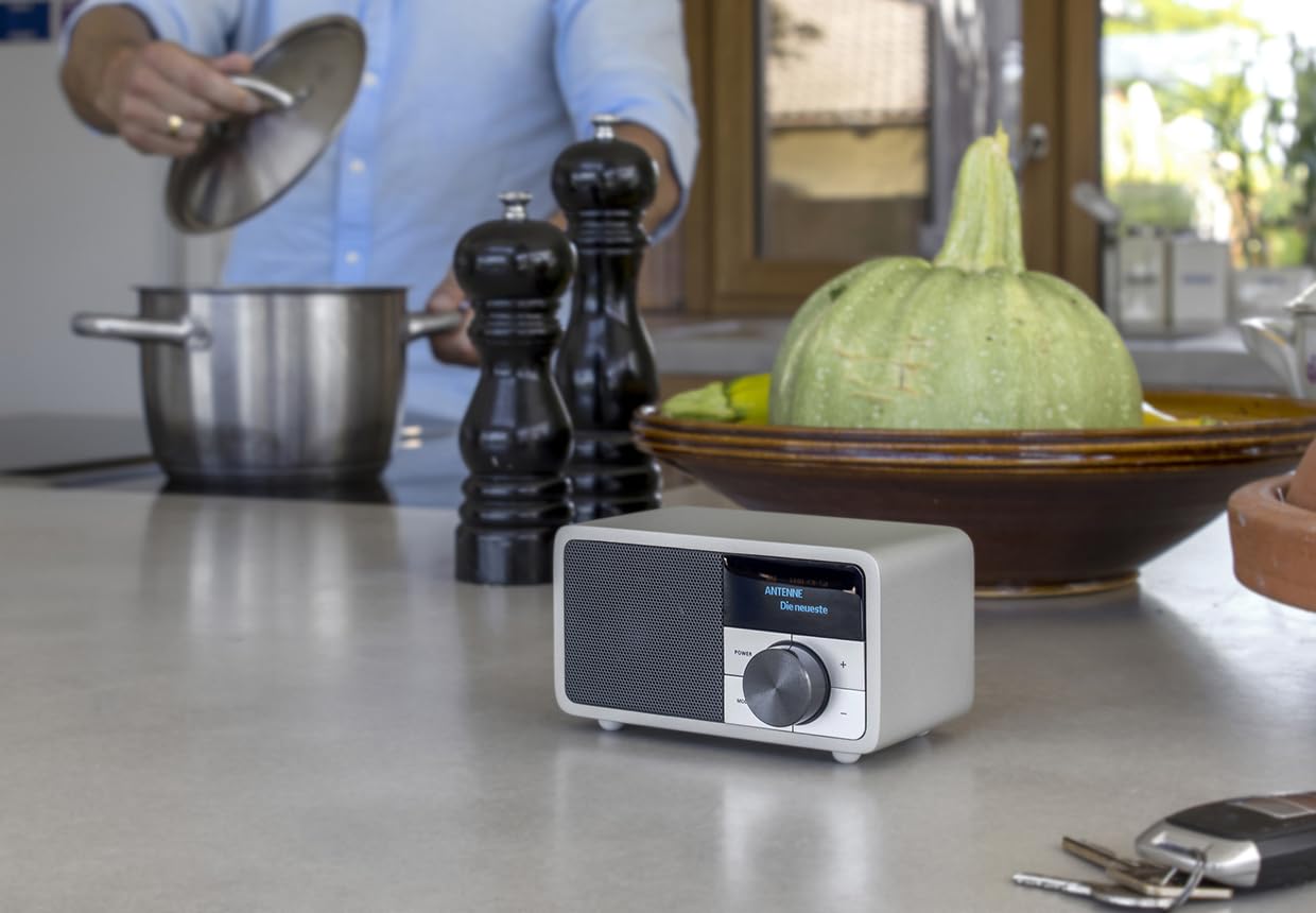 Kathrein DAB+ 1 Mini I DAB Plus Radio mit Akku I Digitalradio DAB+ & UKW mit Bluetooth, Aux 3,5mm I Küchenradio, Badradio I Tragbares Radio als Lautsprecher für Streaming I Retrodesign in Silber