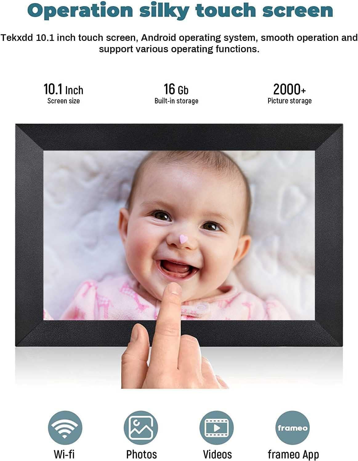 Cadre Photo Numérique WiFi - 10.1 Pouces IPS Écran Tactile Smart Cloud Connecté avec 32Go Espace, Partagez des Photos Via Frameo App