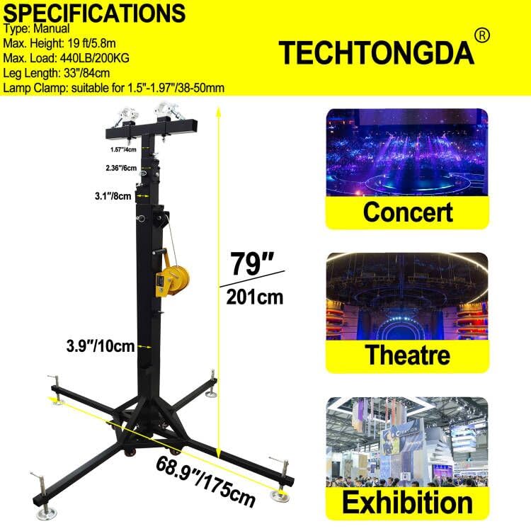 TECHTONGDA Two Lighting Crank Stands, Heavy Duty Truss LED Lighting System, Crank Up Stand with Outriggers, 19 feet Height, 440 lb Capacity Stage Lighting Truss Stand