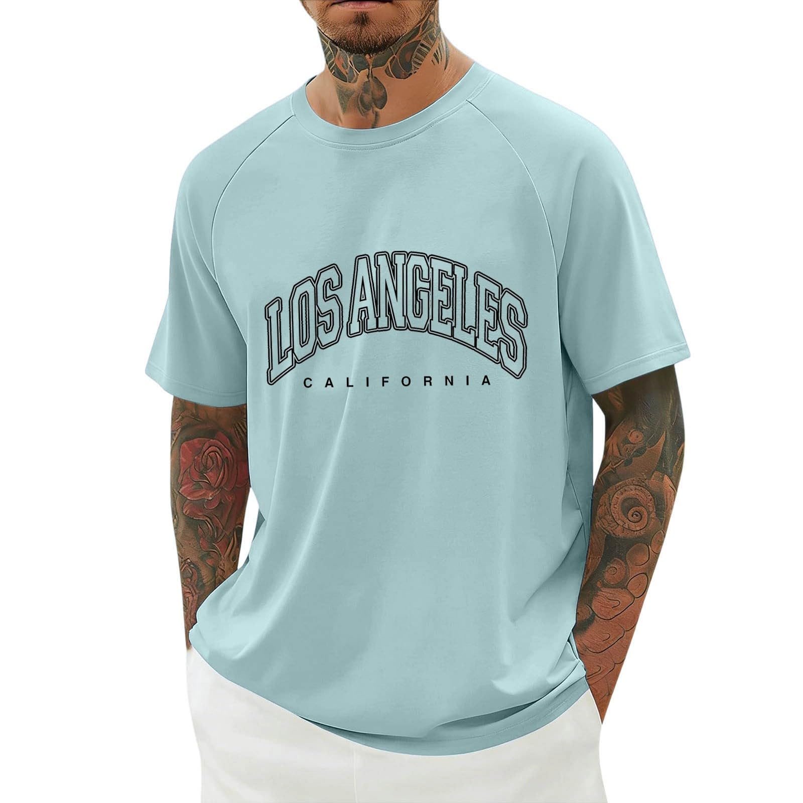 YOSUWOAI T-Shirts for Men, Los Angeles Print T-Shirt, Summer Short Sleeve Crew Neck Tops, Men's Casual Sports Shirt, Loose Tee Shirts, Streetwear, Comfortable, Breathable, Short Sleeve Shirt, O Mint