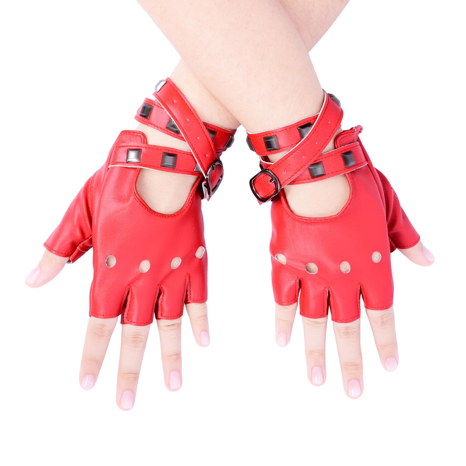 JISEN Women Punk rivets Belt Up Half Finger PU Leather Performance Gloves Red