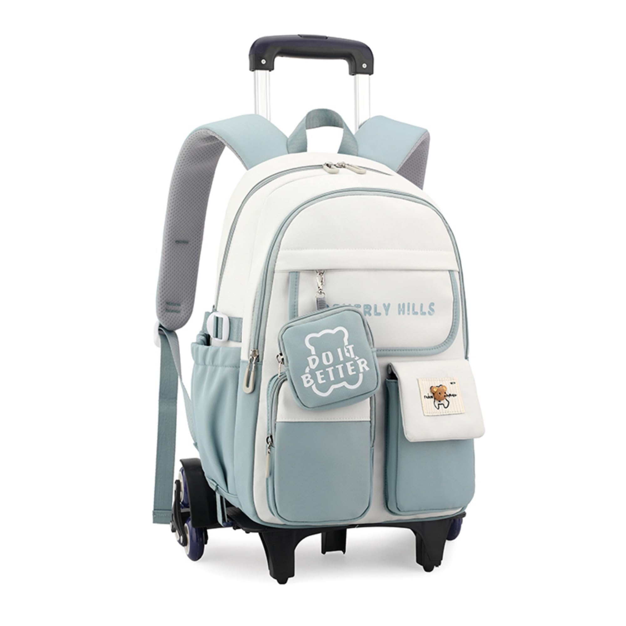 ZHANAO Color-blocking Rolling Backpack for Girls,Kawaii School Bag with Wheels,Trolley Bookbags for Primary Students