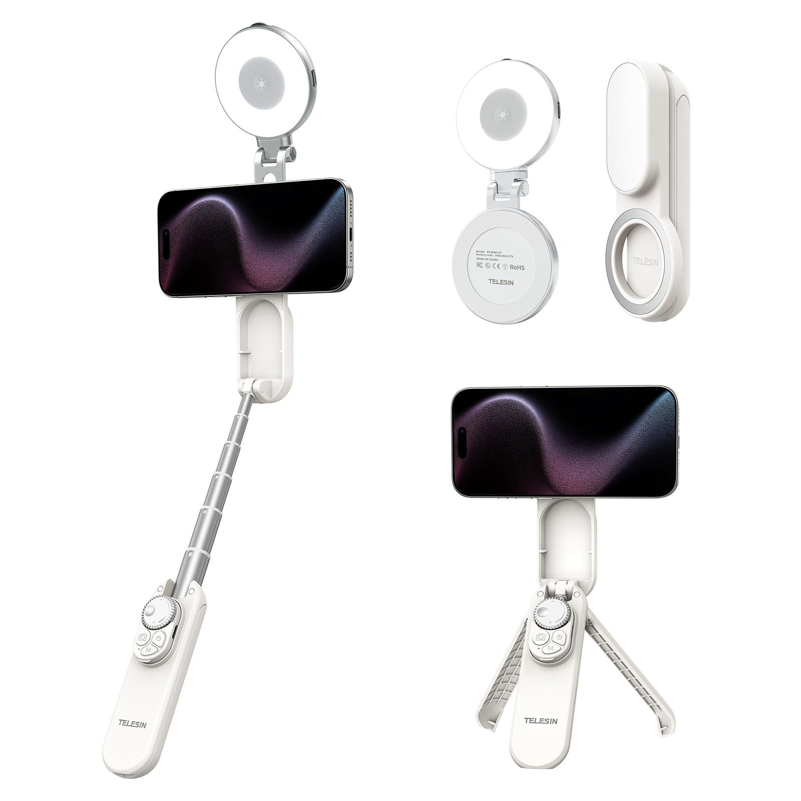 TELESIN Mini Magnétique Perche à Selfie & Trépied Smartphone + C03 Lampe