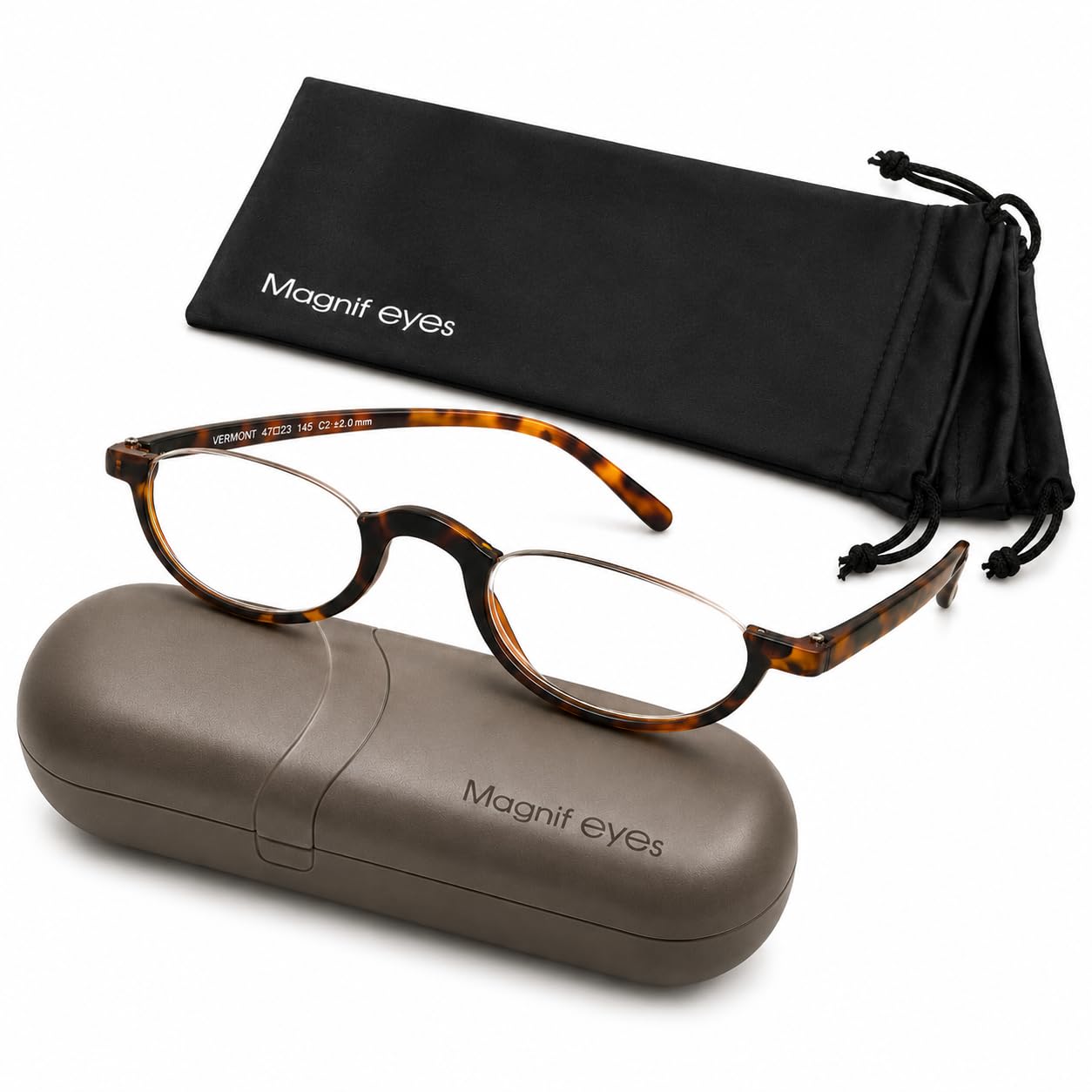 Magnif Eye Half Moon Semi-rimless Vermont Ready Reading Glasses Magnification (2.0) With Case & Pouch
