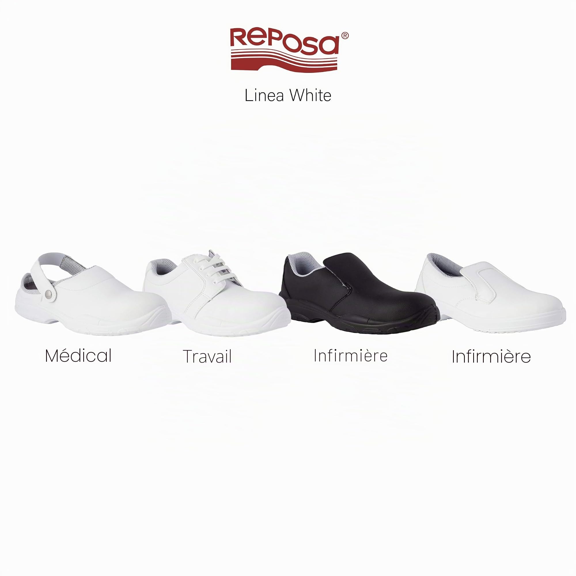 REPOSA Medical, avec Embout en Acier, Bloc avec Empeigne Rembourrée Respirante, Sangle Réglable et Semelle SRC Antidérapante, Antichoc et Antistatique, Sabot Sanita Mixte, Blanc, 43 EU