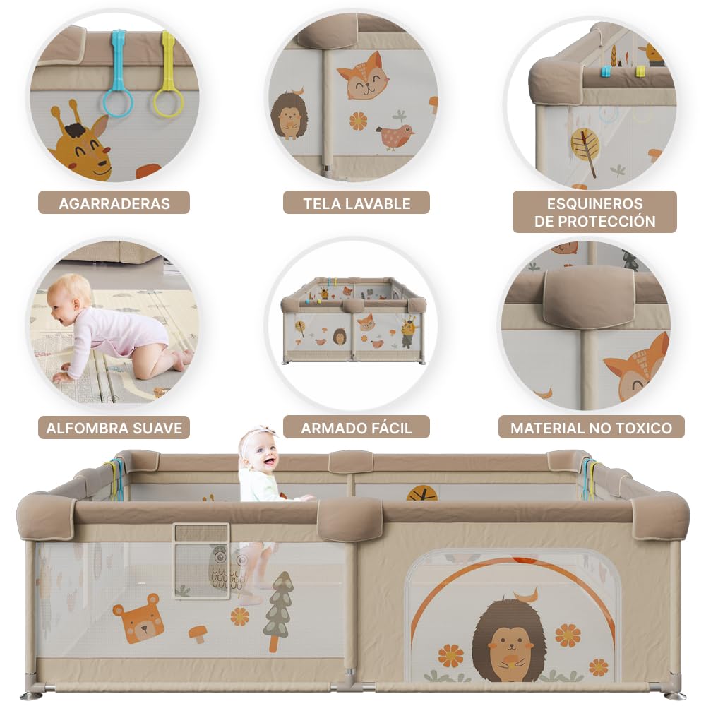 SELVA 150 x 180 – Corralino per bambini con rete di animali traspirante – Corral pieghevole Baby antiscivolo – Tappeto imbottito + 2 anelli (150 x 180 cm, foresta)