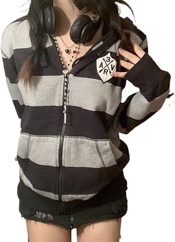XFLnaraz Sudadera Harajuku con capucha vintage para mujer, manga larga, con cremallera, chaqueta de gran tamaño con bolsillos