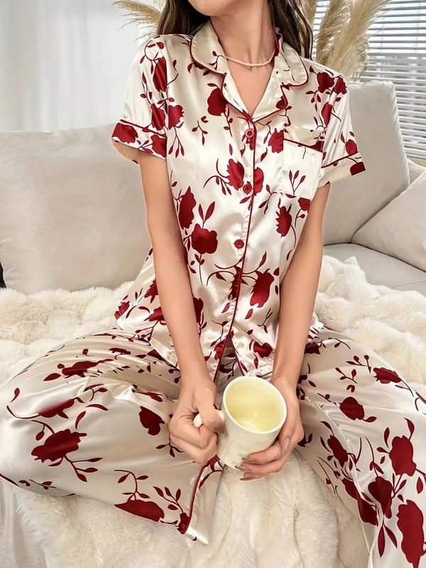 Image of Night Suit for Women with Full Sleeve Button-Down Top with Pant Dress for Woman,Night Dress for Woman, Two-Piece Loungewear Set