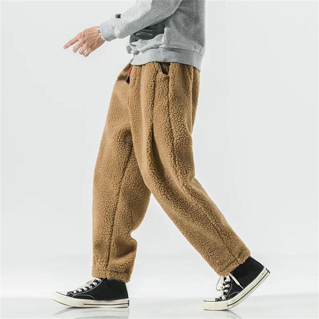 Męskie zimowe pogrubione spodnie ciepłe retro grube spodnie z wełny jagnięcej męskie streetwear hip-hop luźne proste spodnie spodnie