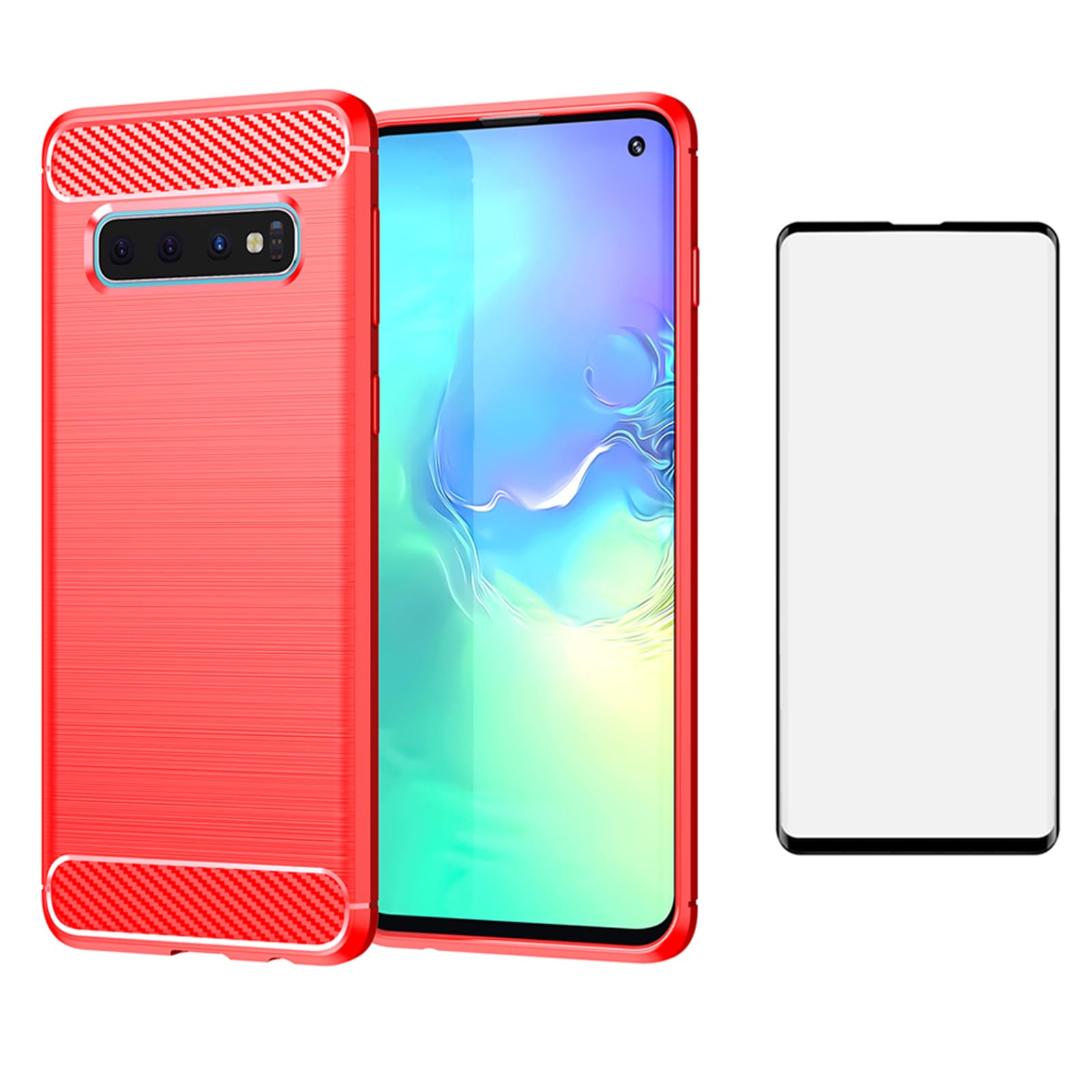 Asuwish Compatible with Samsung Galaxy S10 5G Phone Case with Tempered Glass Screen Protector Cover Grip Slim Silicone Rugged Shockproof Cell Accessories Carbon Fiber S105G S 10 G5 for Women Men Red