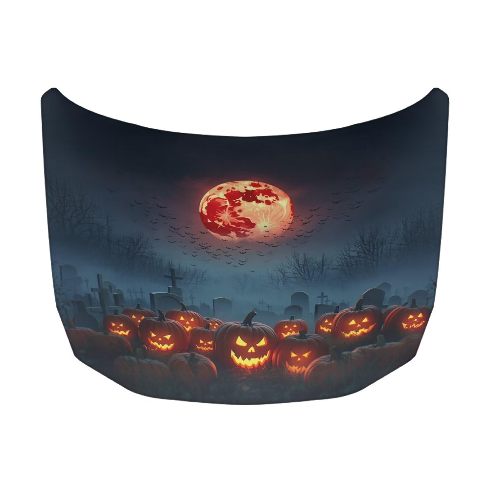 Cemetery Graveyard Pumpkin Print Car Hood Cover Stretchable Auto Hood Wrap Blankets Waterproof Automotive Halloween Outdoor Decorations for Compact Sedans SUV Trucks Van