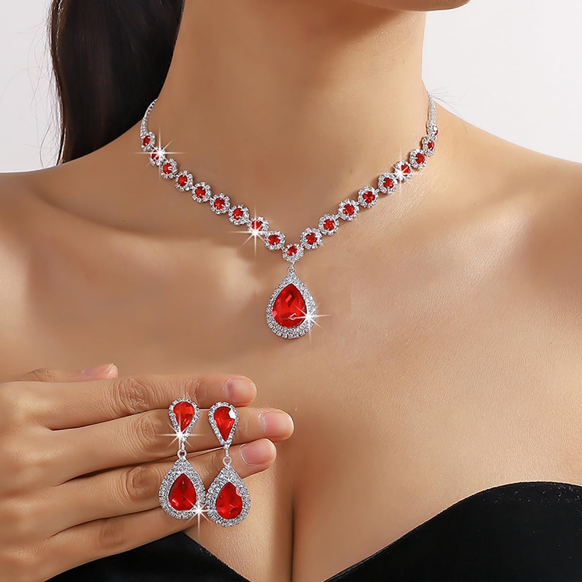 Rhinestone Waterdrop Bridal Necklace Earring Set for Women Silver Crystal Wedding Choker Necklace Geometry Teardrop Dangle Drop Earrings Wedding Party Prom Jewelry Set for Bridal Bridesmaid (Red) - Image 2