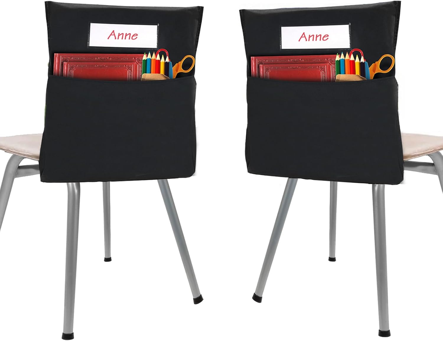24 Pcs Black Chair Pockets for Classrooms, 20 X 17 Inch Seat Sacks for Classroom Chairs K-2 with Name Tag for Organizing Classroom Supplies Fits Students School Office College