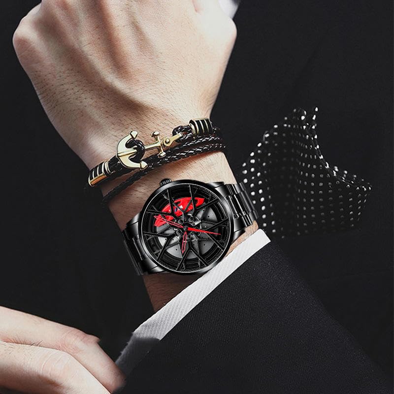 Image of Branded Men's Sport Quartz Watch Car Wheel Dial Rotating Casual Fashion Stainless Steel Alloy Men Multicolour Luxury Watches Wheel Dial Men's Metal Watch Gift Creative Watch