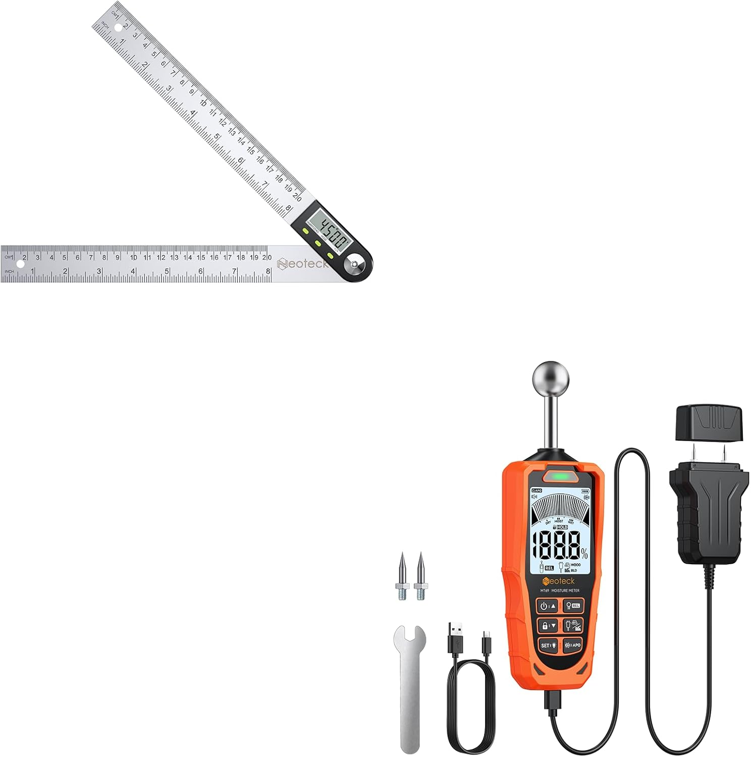 Neoteck Professional Measurement Kit: 8 inch Digital Angle Finder Ruler & 2-in-1 Dual Probe Moisture Meter with LCD Display, Data Hold, Zeroing Function, Audio Alarm for Wood, Wall, Concrete, Drywall