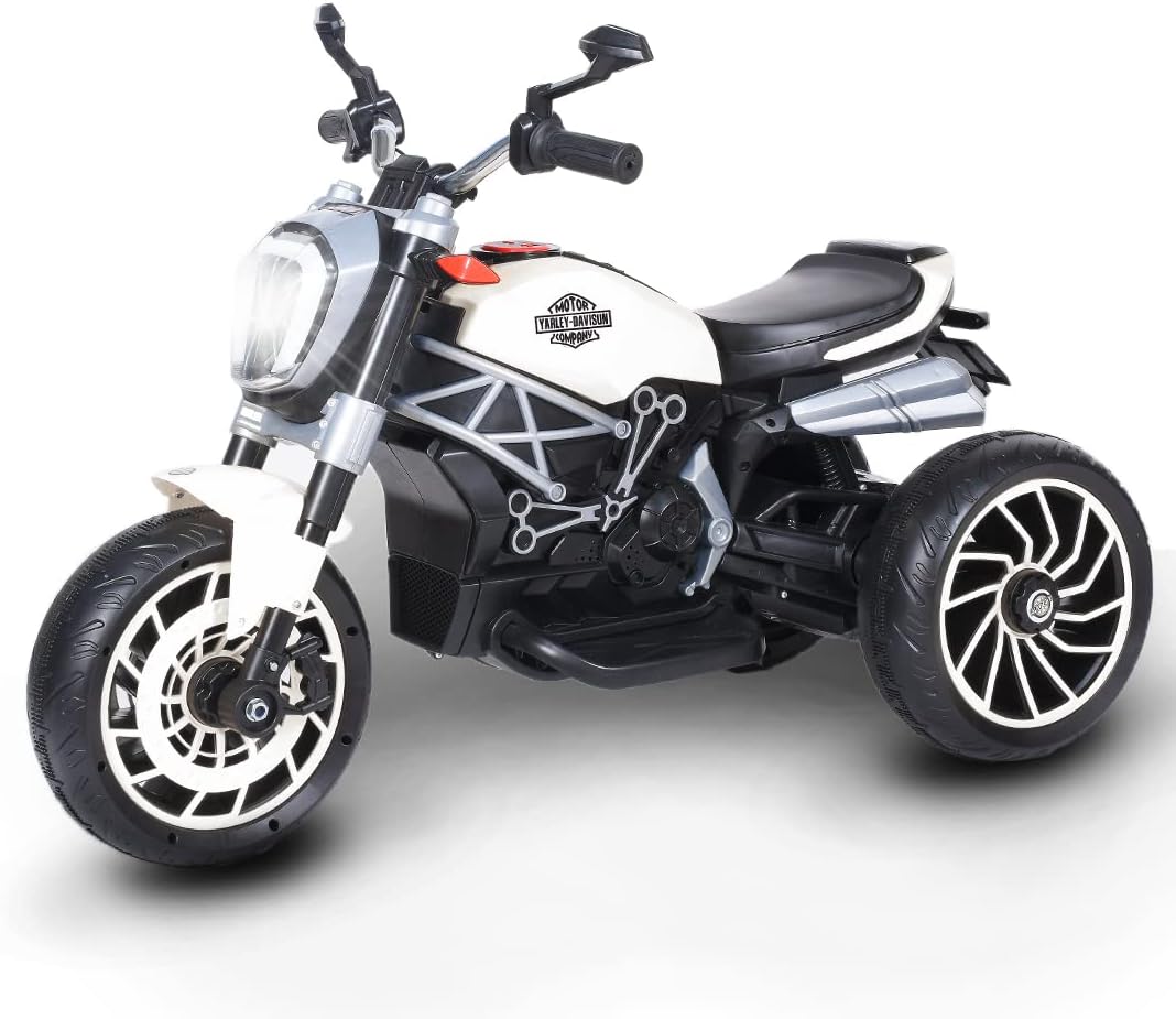KAB Y1600,12V Battery-Operated Ride-On Bike (3 Wheels) with Hand Accelerator,Foot Pedal Break, MP3/USB Port,Decorative Head Lights Electric Vehicle for Kids(White)