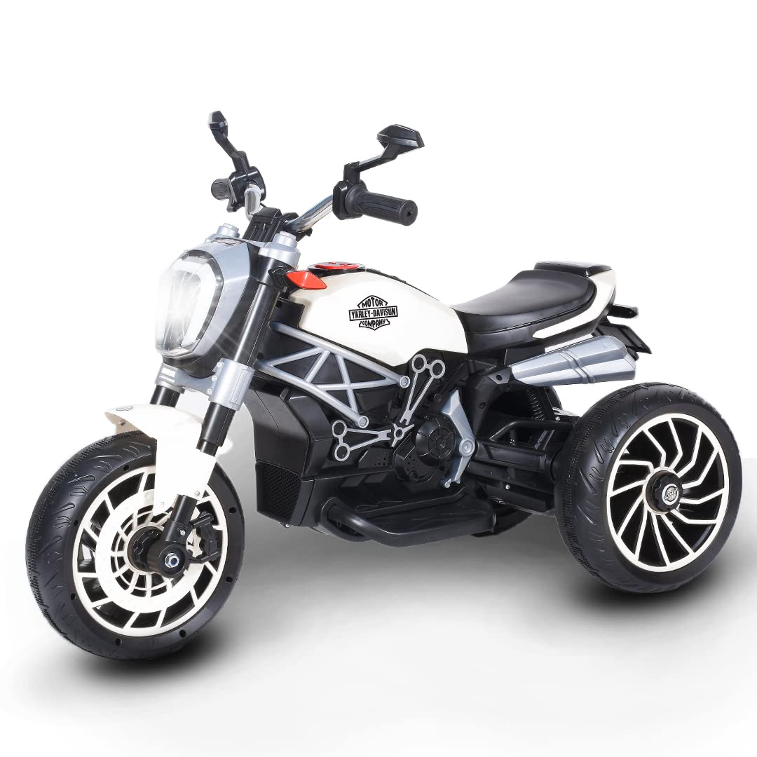 KAB Y1600,12V Battery-Operated Ride-On Bike (3 Wheels) with Hand Accelerator,Foot Pedal Break, MP3/USB Port,Decorative Head Lights Electric Vehicle for Kids(White)