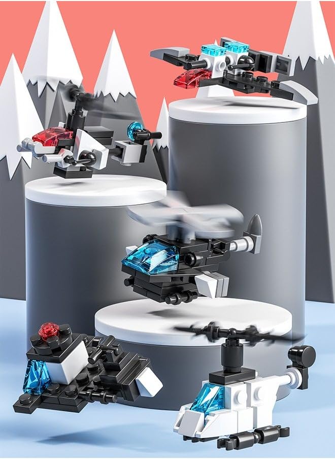 Assembled mini helicopter and aircraft models from Chocozone building blocks.