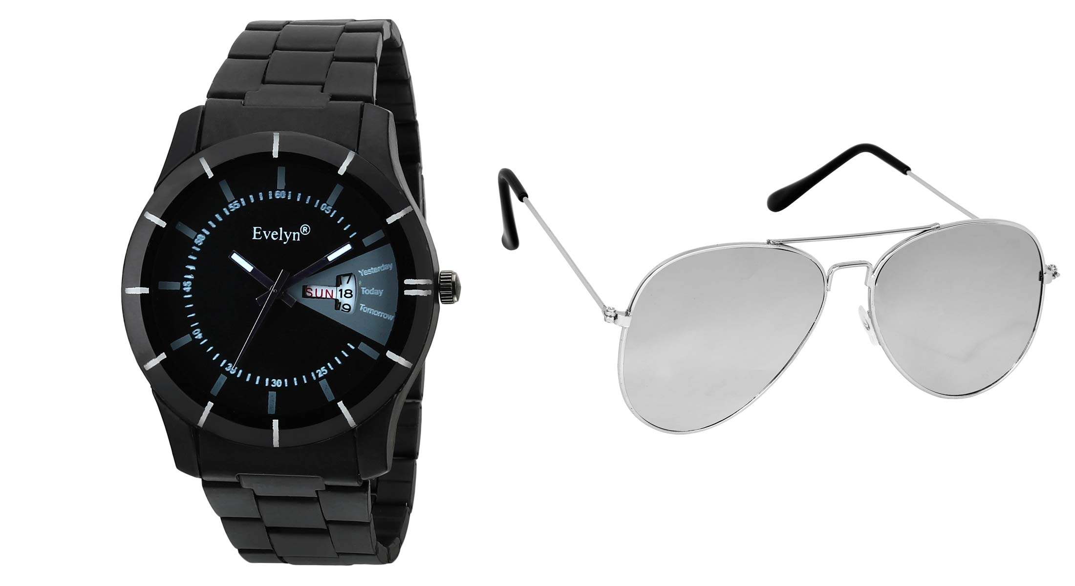 Evelyn Analogue Black Day & Date dial Watch and Silver Sunglasses for Men for boy (B0823K2VCB) Amazon Price History, Amazon Price Tracker
