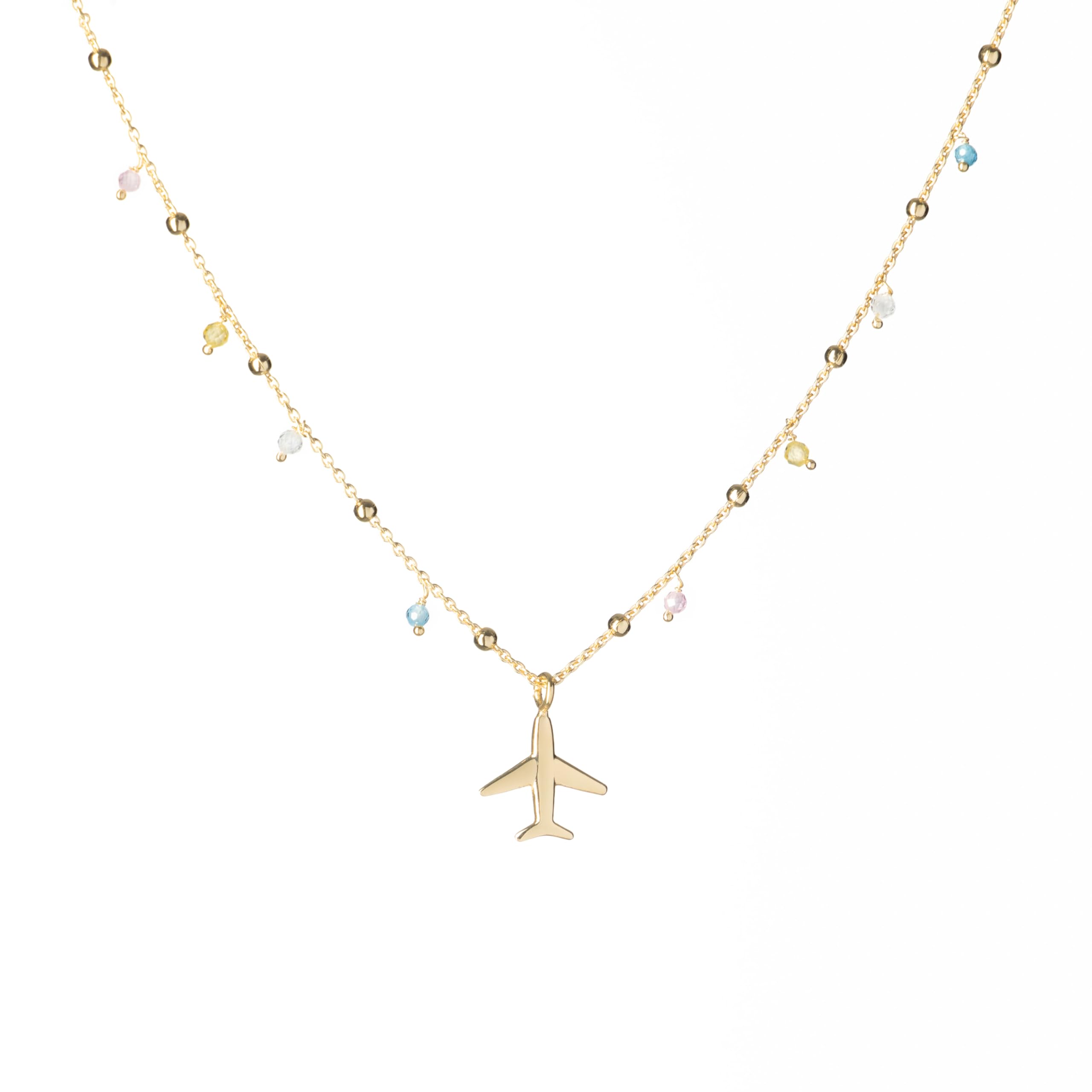 WearTravelers Collana con pendente Aereo e piccole Pietre Colorate in Argento 925 - Prodotto Made in Italy - Collana semplice e delicato per chi ama viaggiare - Modello Caracas