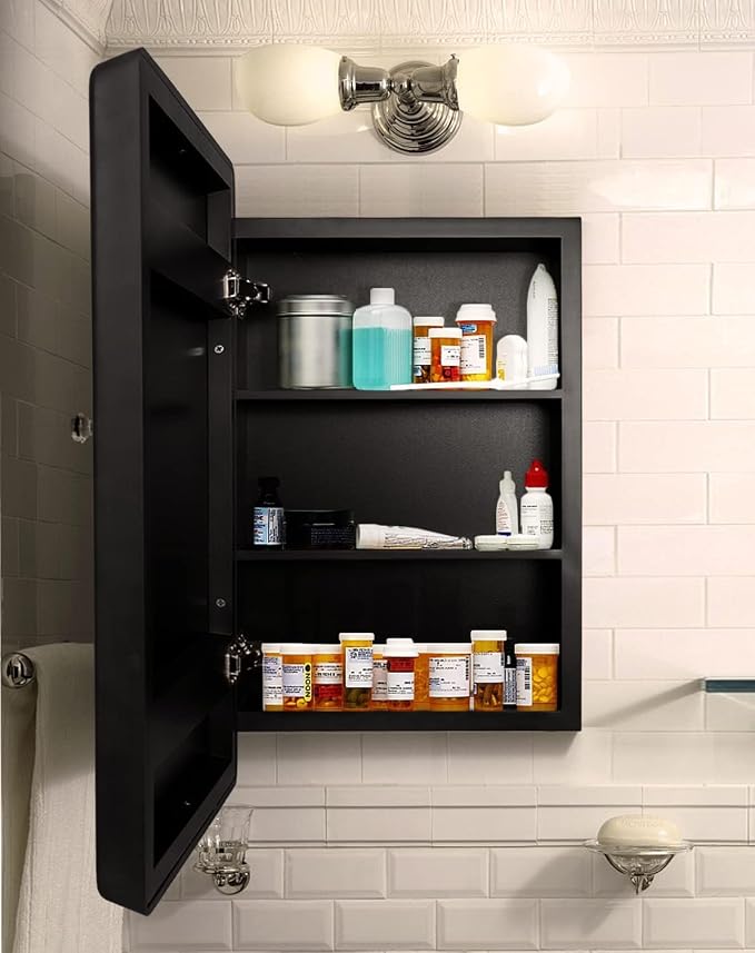 Armario de medicina empotrado de madera de 24" x 16" con espejo para baño – Armario de baño de madera montado en pared con estante de almacenamiento ajustable (negro, 16" x 24") miniatura 2