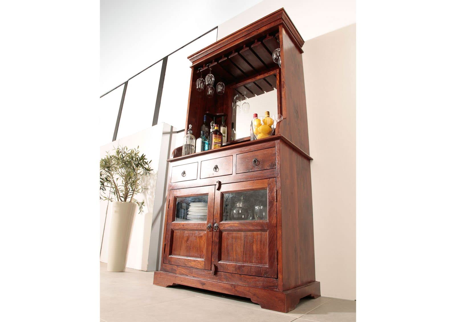 MASSIVMOEBEL24.DE OXFORD #443 Mobile Bar in legno di acacia - laccato/nougat 97x52x193
