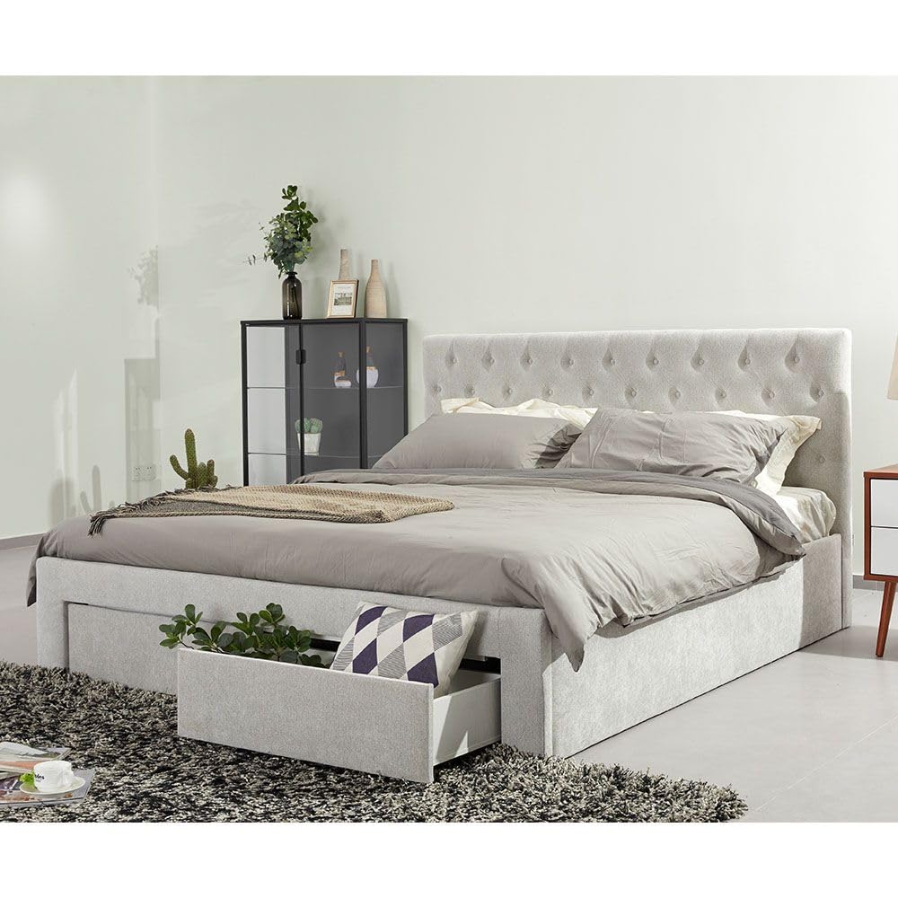 Danube Home Bacia 150x200 Queen Bed with 2 Front Drawers - Light Grey