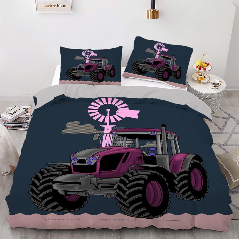 Parure de Lit 220x240 Tracteur Violet Foncé Housse de Couette Adulte Microfibre Doux avec Taies