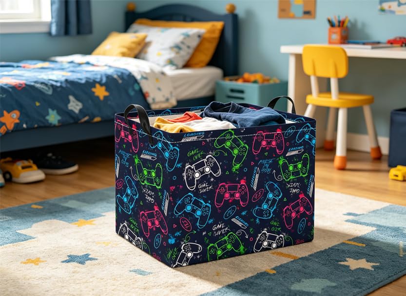 Image of Rectangular Baby Kids Storage Basket for Home Kitchen Girls Cute Toy Storage Bin Organizer Shelf Book Room Decor(Blue Game)