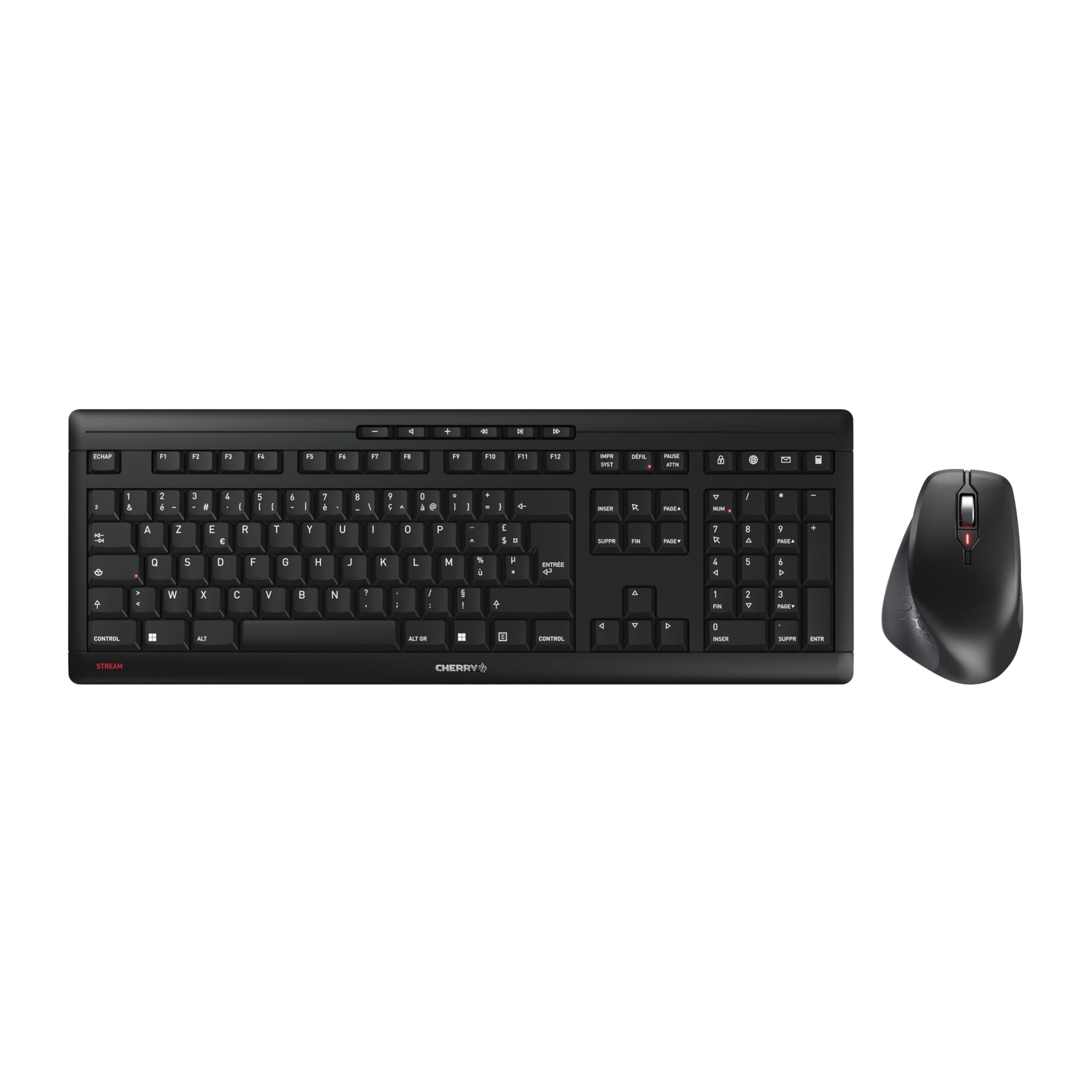 CHERRY STREAM DESKTOP COMFORT, Clavier et Souris Sans Fil, Disposition Française (AZERTY), 2,4 GHz, Touches Silencieuses, Souris Ergonomique, Noir