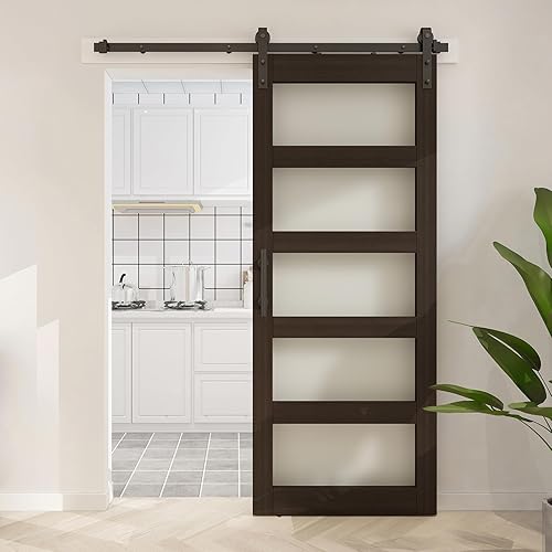 BARNSMITH Puerta de granero de vidrio de 30 x 84 pulgadas con kit de herrajes para puerta corredera de 5 pies incluido y asa, losa de madera maciza