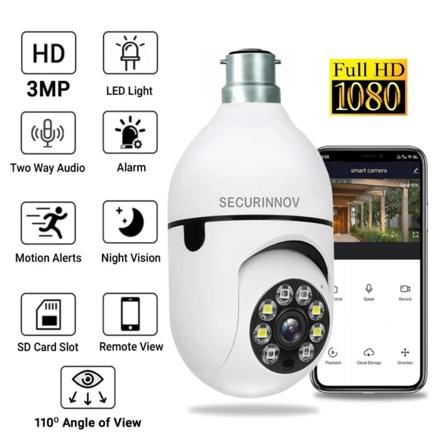 securinnov 4MP Smart WiFi Light Bulb Security Camera 1080P Full HD – 360° Panoramic CCTV Camera with Color Night Vision, Two-Way Audio, Motion Detection and V380 Pro App Support (Light Bulb) 1