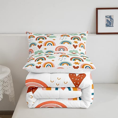 Miniatura 4 de Edredón de arcoíris para niños, tamaño individual, diseño de estrellas de dibujos animados, corazones y nubes de amor, juegos y juegos para