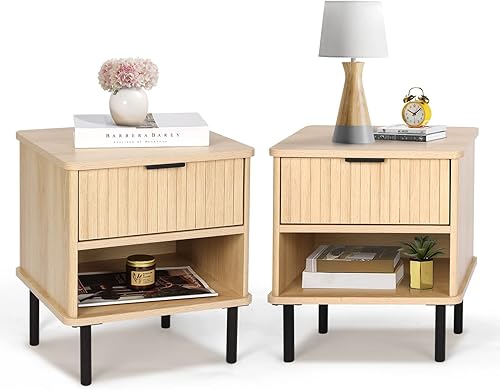TUSY 2 mesitas de noche de roble natural con almacenamiento y cajón, mesita de noche de 2 niveles para sala de estar, dormitorio, mesita de noche de