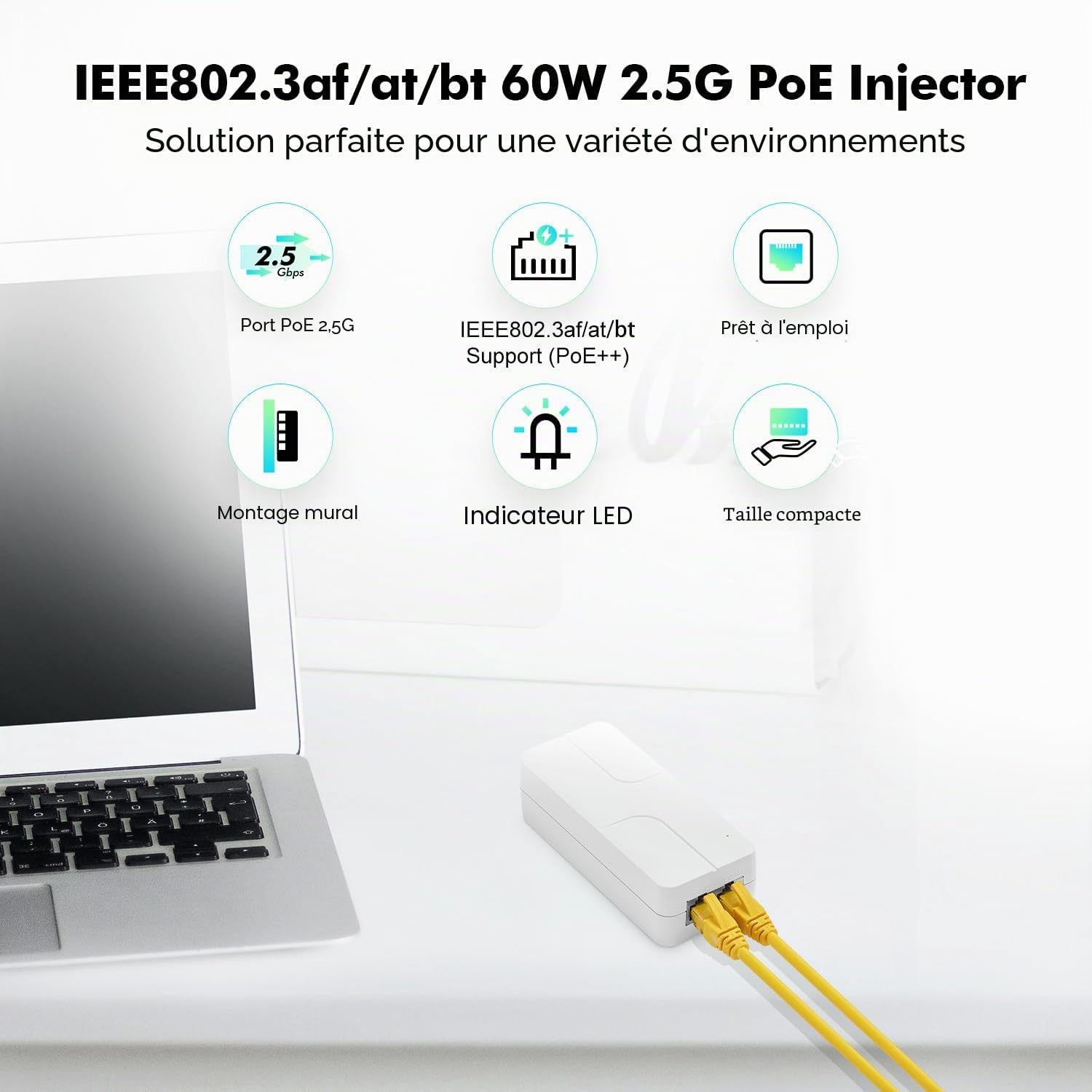 Injecteur PoE 2,5 Gigabit 60 W, Compatible IEEE 802.3af/at/BT, Adaptateur Power Over Ethernet Compact Blanc YuLinca, Plug and Play, Conception sans Ventilateur pour Montage Mural avec Voyant LED