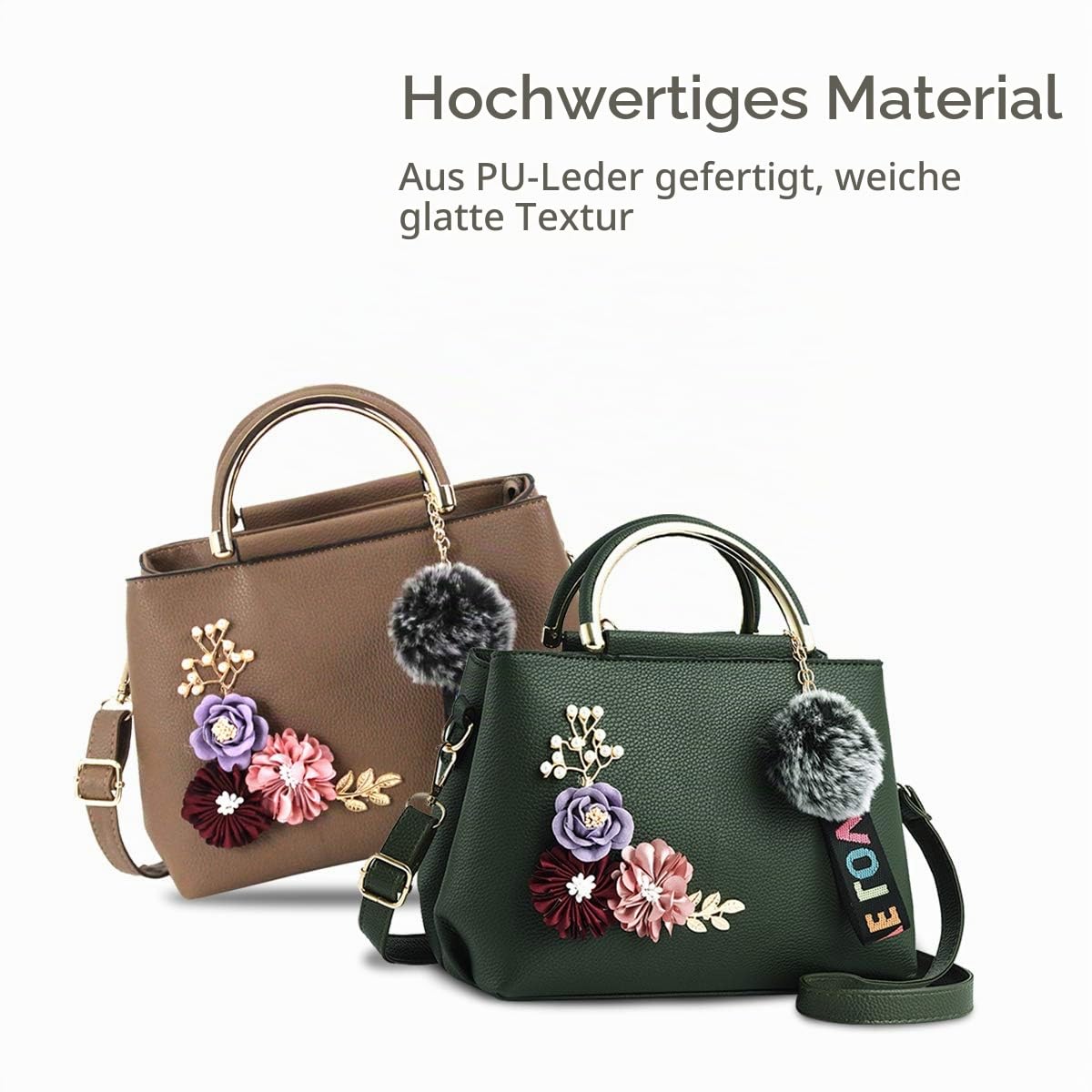 NICOLE & DORIS Damen Leder Handtasche Umhängetaschen mit Blume Jahrgang Griff Tasche Designer Tote Geldbörse mit Pom Pom dunkelgrün