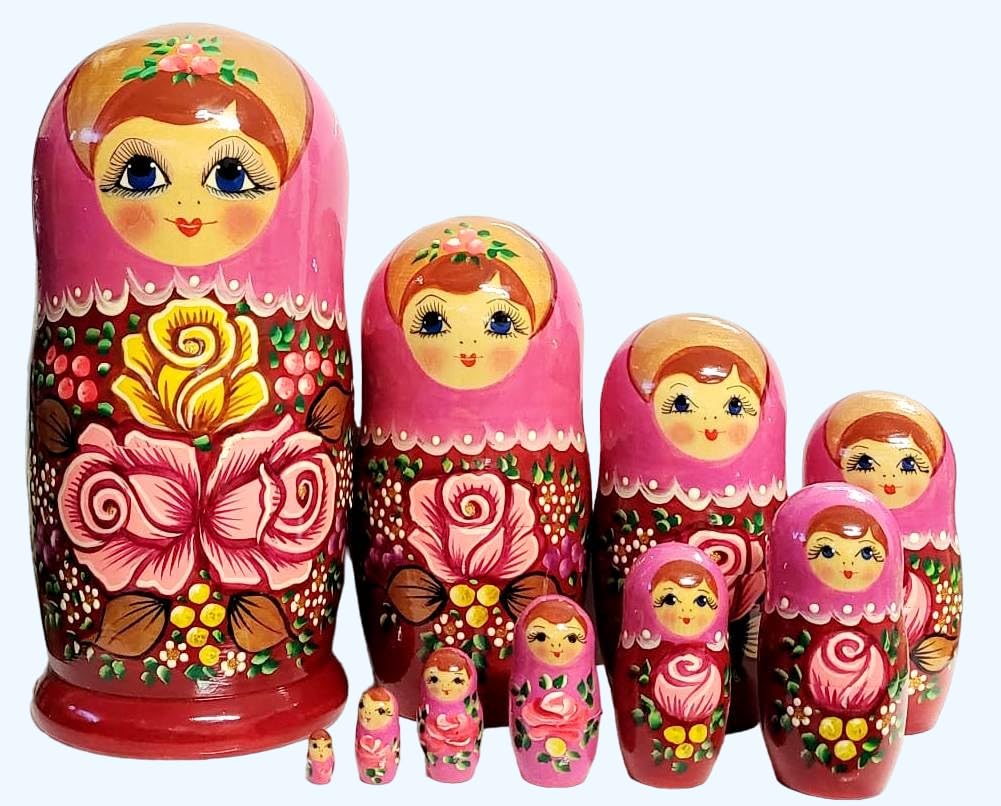 Generico Matrioska 10-częściowa drewniana lalka (23cm) Матрешка Розовый платок 10 мест 28 см