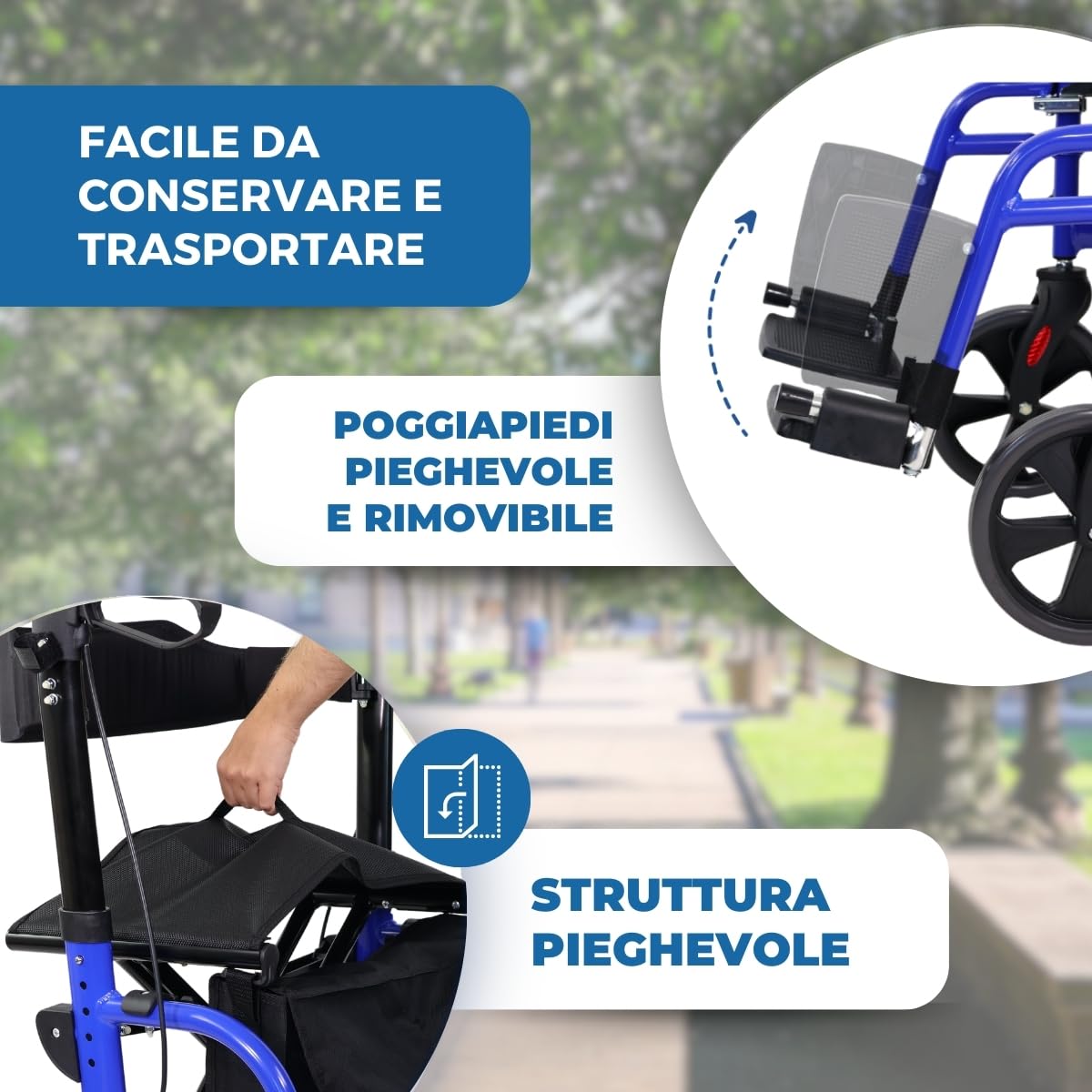 Mobiclinic, Deambulatore, Picasso, Marchio europeo, Adulti o disabili, Per anziani, In alluminio, Leggero, Pieghevole, Con seduta e 4 ruote, Colore blu