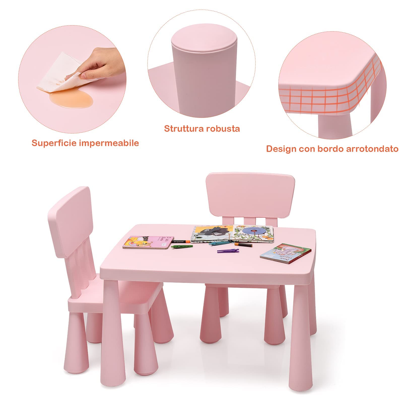 GYMAX Set Tavolino per Bambini con 2 Sedie di Plastica, Tavolino e Sedia per bambini, per Mangiare, Leggere, Dipingere, Adatto a 1-7 Anni (Rosa)
