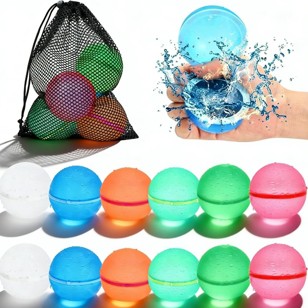 12PCS Reusable Silicone Water Balloons with Mesh Bag, Mini Water Balls for Kids, Adults, Beach, Pool Party, Summer(Snap-on water ball)