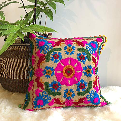 Coussin Suzani indien brodé main housse multicolore canapé 40x40