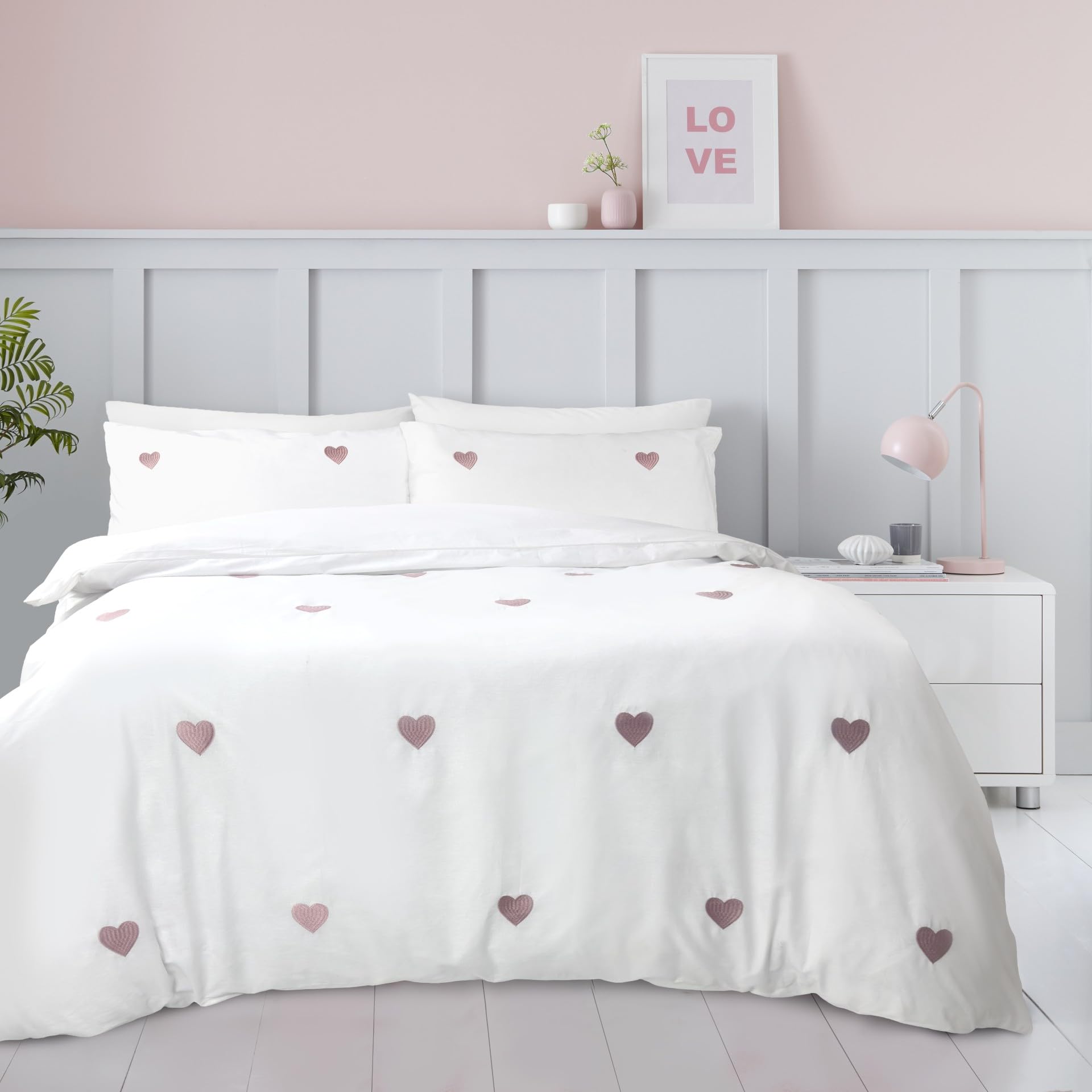 BLOOM BLENDS Hearts and Bows Embroidered Duvet Cover Set – White Bedding with Charcoal and Pink Heart Detail – Soft, Stylish & Romantic Design (Hearts Pink, King) — image 1
