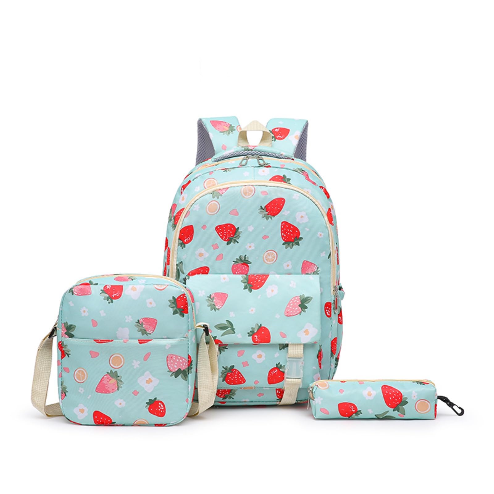 Zaino da Viaggio Set di 3pcs, Carino Strawberry Stampa Azzurro Chiaro Scolastico con Borsa Crossbody & Caso Matita
