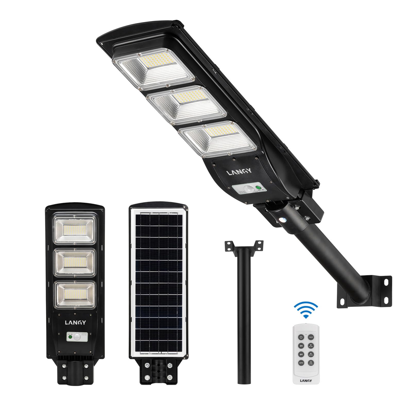 LANGY Upgraded 9000 Lumens, 180 PCS LED Solar Powered Street Lamp Outdoor,15000 mAh Battery, PIR Motion Sensor,6000K, Dusk to Dawn Security Led Post Street Light,Black