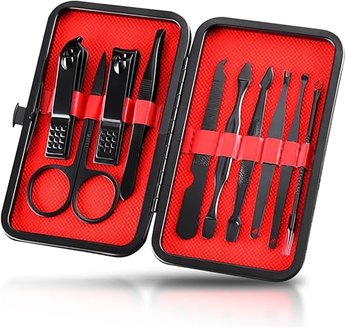 AceMan Kit de cortaúñas  Herramientas personales de manicura y pedicura de acero inoxidable para hombres y mujeres, funda de cuero negro de lujo