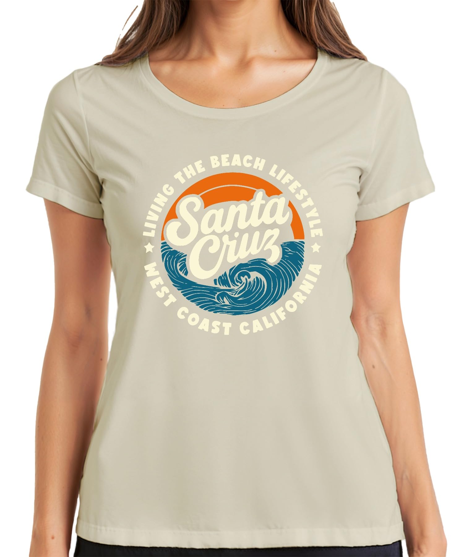 Printera Women's Natural Santa Cruz California West Coast Surfing Waves Retro Beach Life T-Shirt, M