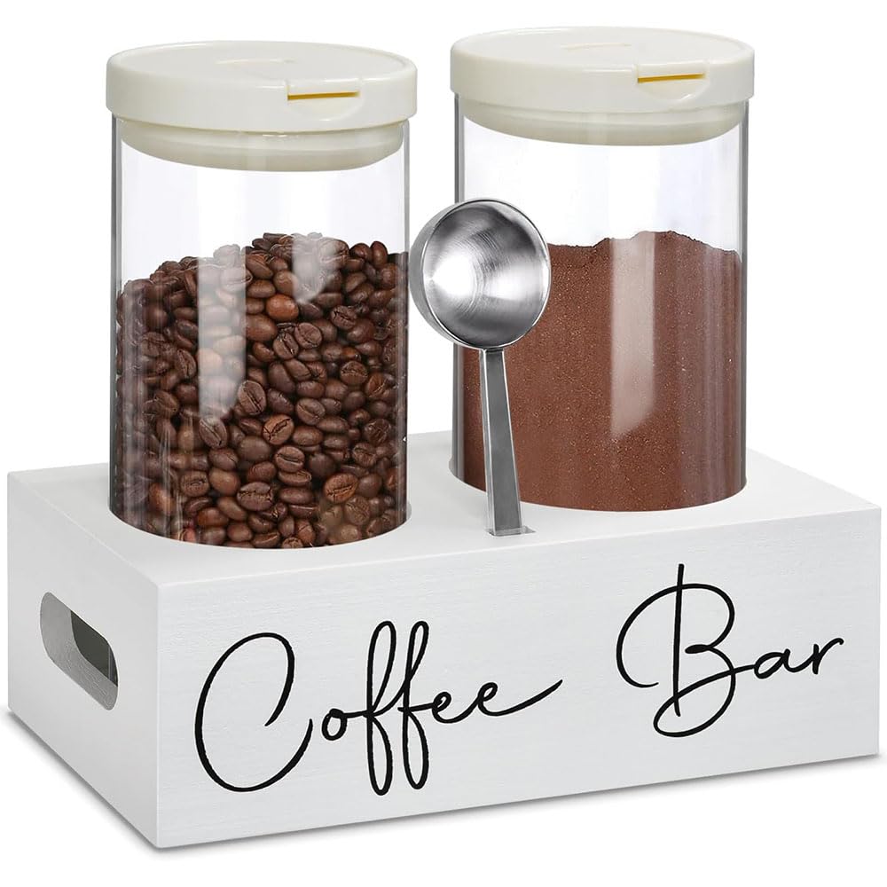 Wotendy Glass Coffee Bean Storage Jar with Shelf & Scoop, 2×1.4L Coffee Storage Jars with Airtight Lid for Coffee Beans Nuts